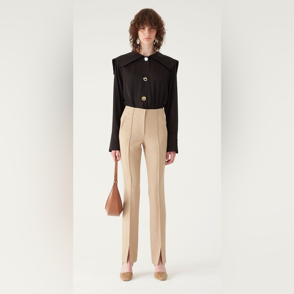Rejina Pyo Emery Trousers in Wool Silk Twill Beige NWT